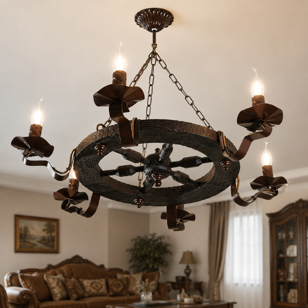 Люстра дерев'яна, 6-ти лампова, колесо N-light DR0-561-1-LS DR0-561-1-LS фото
