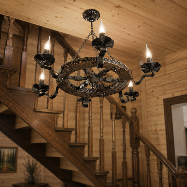 Люстра колесо деревянная, шестирожковая N-light DR0-561-2-LS DR0-561-2-LS фото