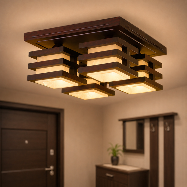 Деревянная квадратная люстра на 4 лампы для кухни, прихожей, кабинета N-light DR0-14104-LS DR0-14104-LS фото