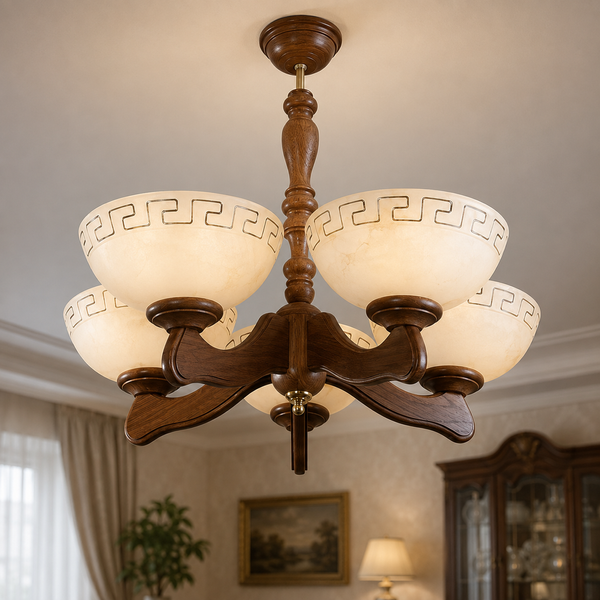 Люстра деревянная, 5-ти ламповая для кухни, спальни, кабинета N-light DR0-350-LS DR0-350-LS фото