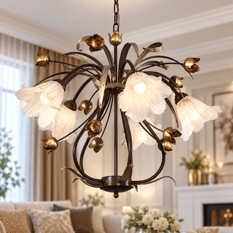 Люстра зальная 5-ламповая в стиле флористика на высокий потолок N-light DR0-4750-2-LS DR0-4750-2-LS фото